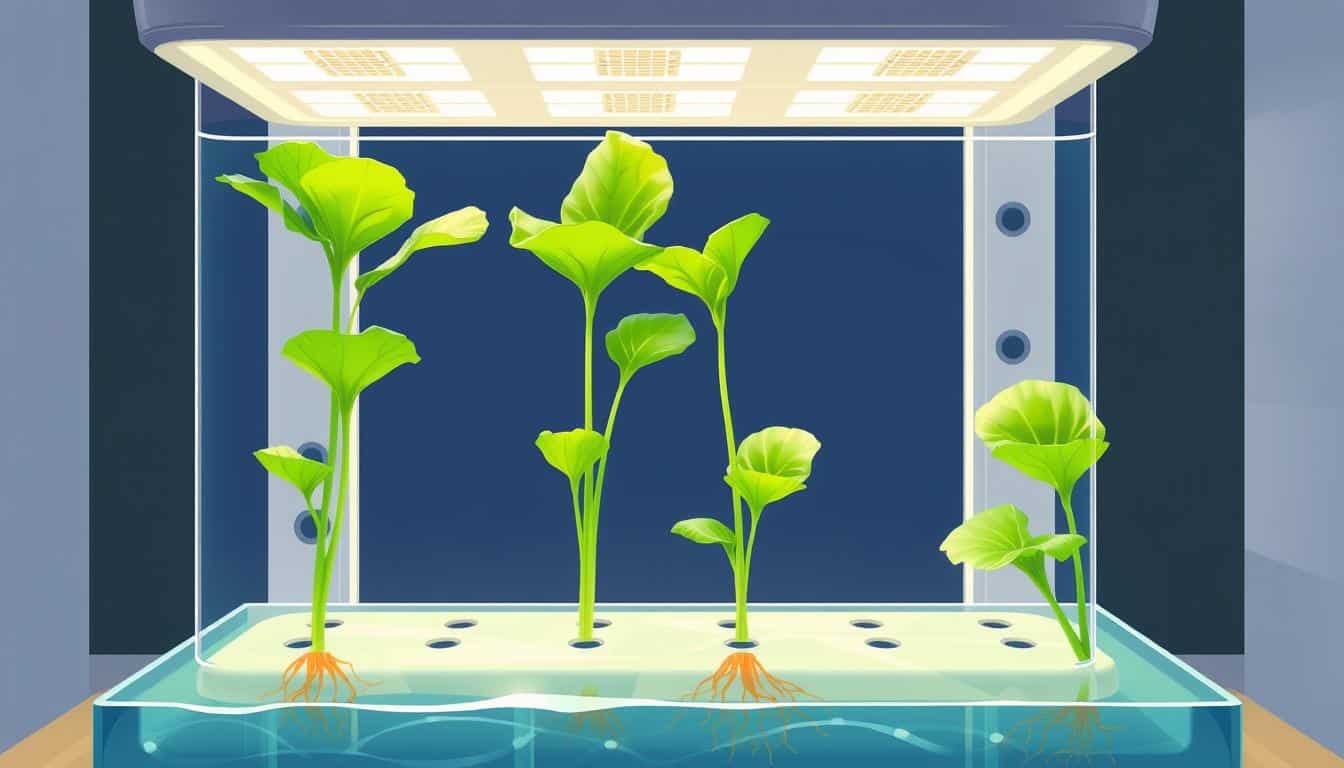 Sistem hidroponik sederhana dengan tanaman selada yang tumbuh dalam larutan nutrisi